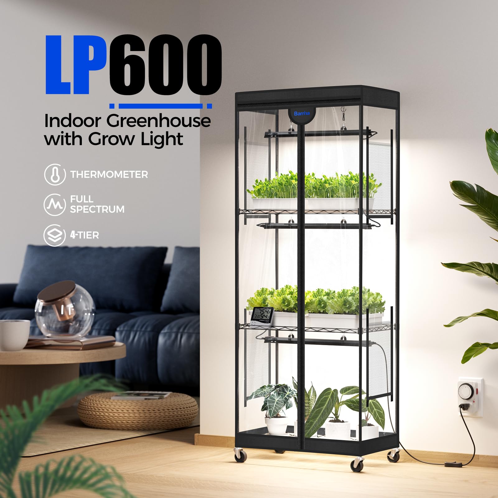 Barrina LP600 LED grow light array provides intense coverage for seedlings.