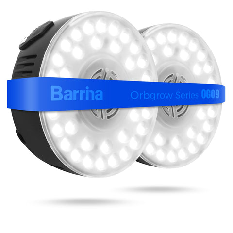 Barrina Orbgrow OG09 puck light on a shelf for compact indoor gardening.