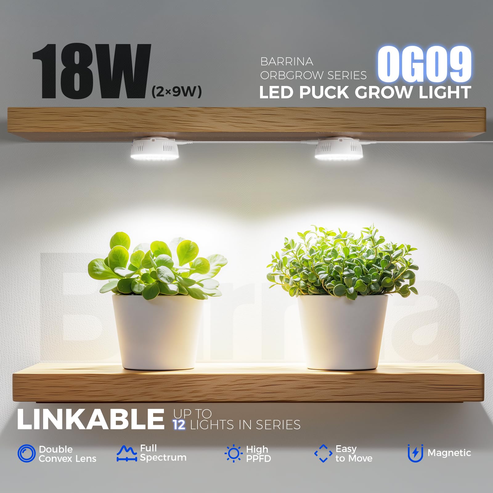 Barrina Orbgrow OG09 linked lights along a shelf for scalable indoor gardening.