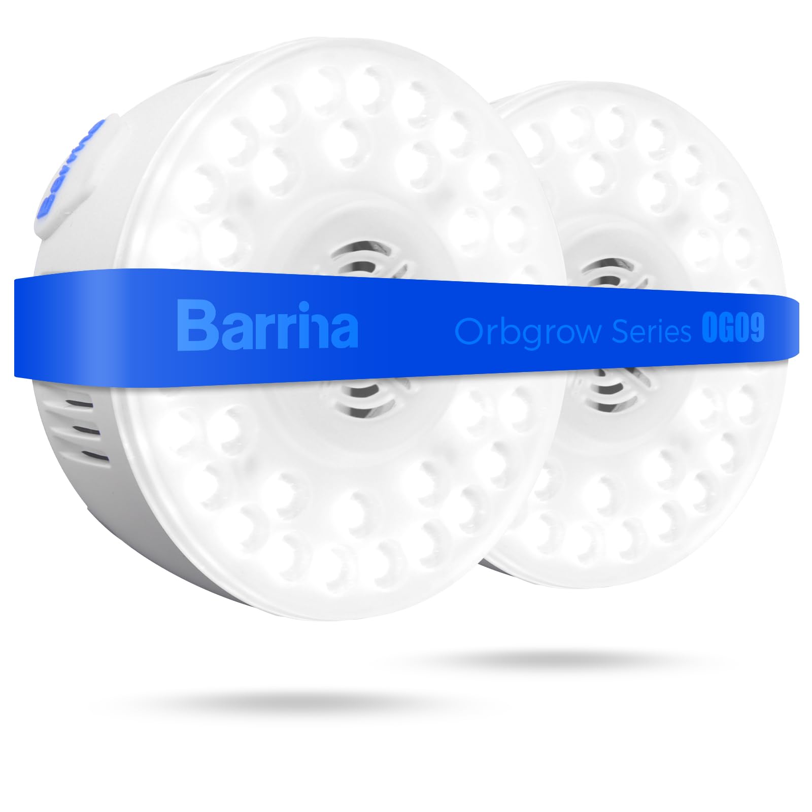 Barrina Orbgrow OG09 puck light with magnetic mount on a plant shelf.