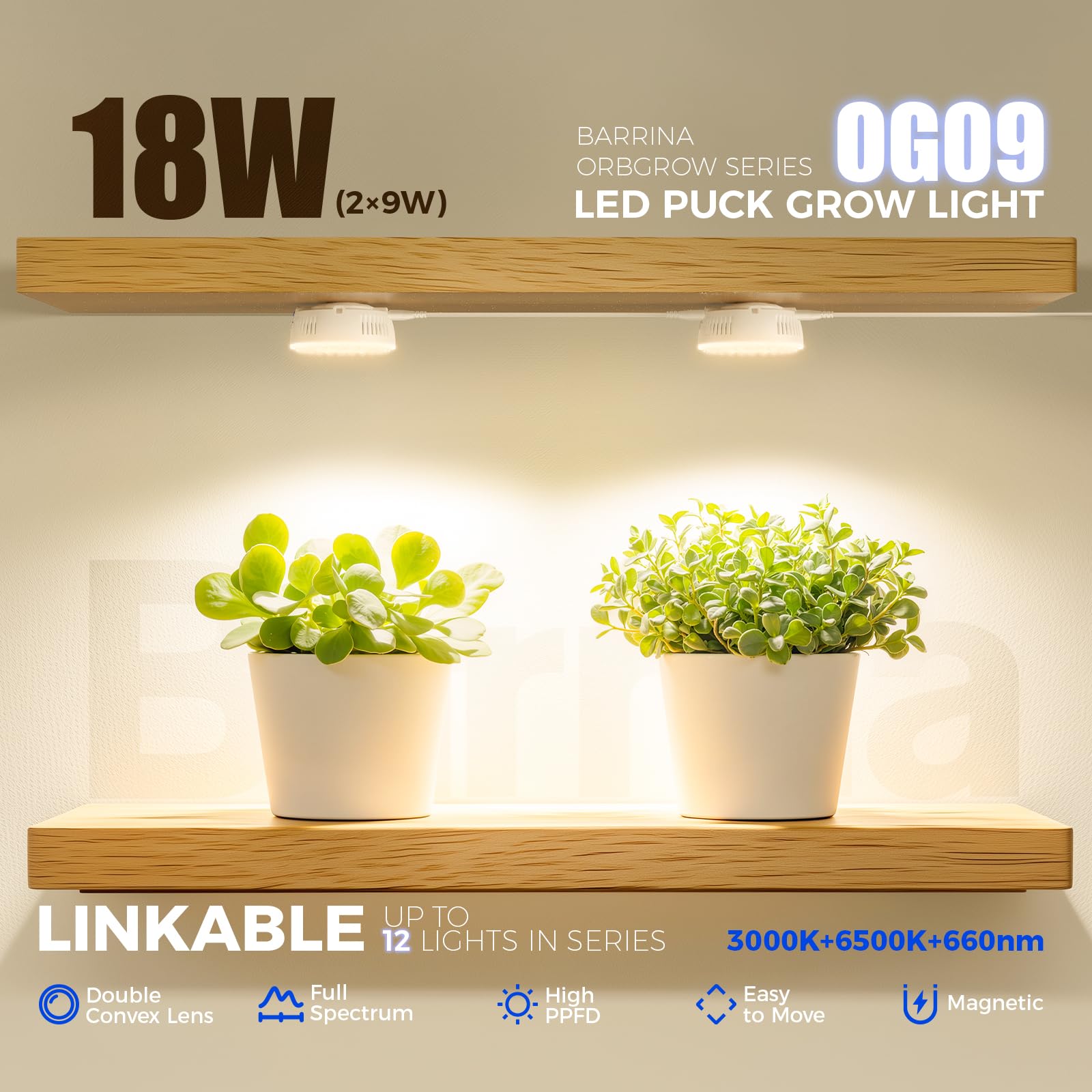 Barrina Orbgrow OG09 puck light magnetic mount enables easy indoor placement.