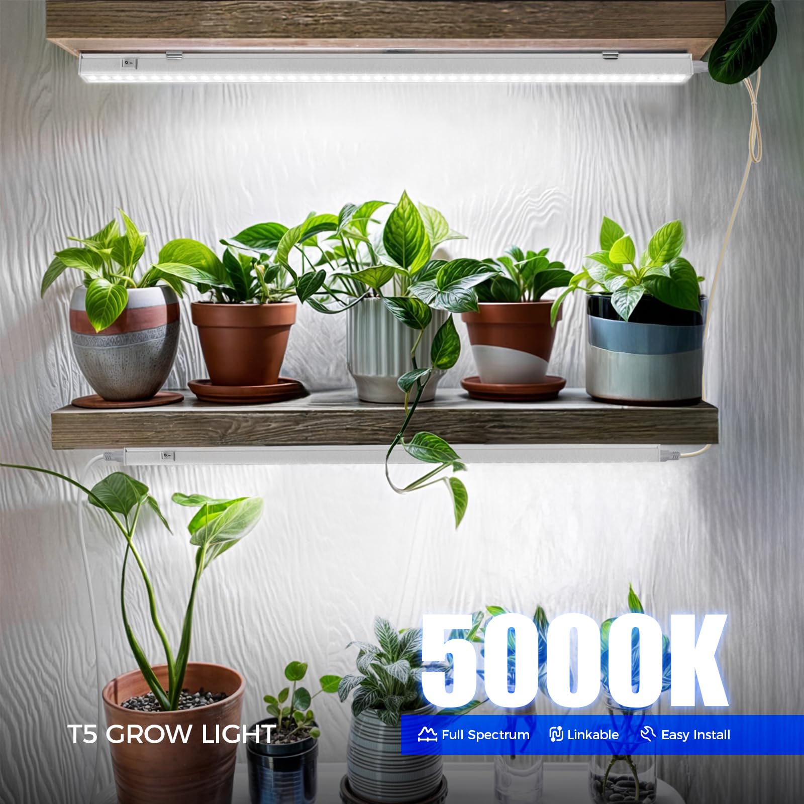 Barrina T5 grow light mounted above indoor plants on a shelf