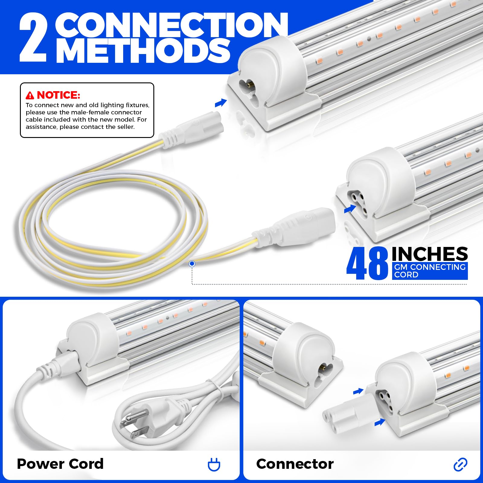 Barrina T8 LED Grow Light 4FT connecting cords enable chain linking.