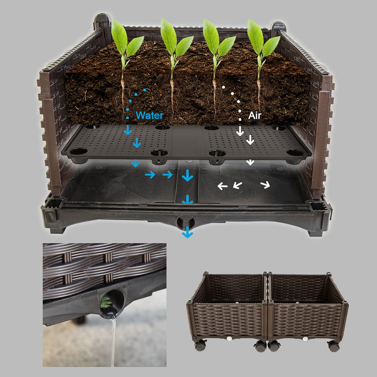 Barton garden bed drain holes side view shows easy moisture management.