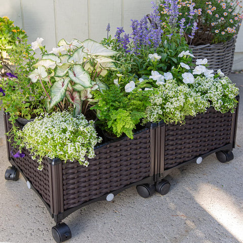 Barton rolling garden bed left view shows portable, easy-to-move elevated planter.
