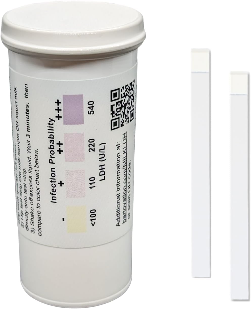 Bartovation cow milk LDH test strips in vial front for rapid mastitis screening.