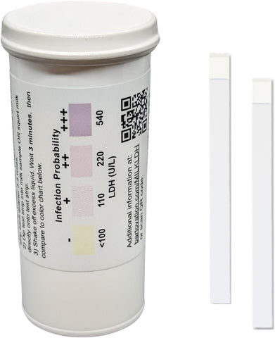 Bartovation cow milk LDH test strips in vial front for rapid mastitis screening.