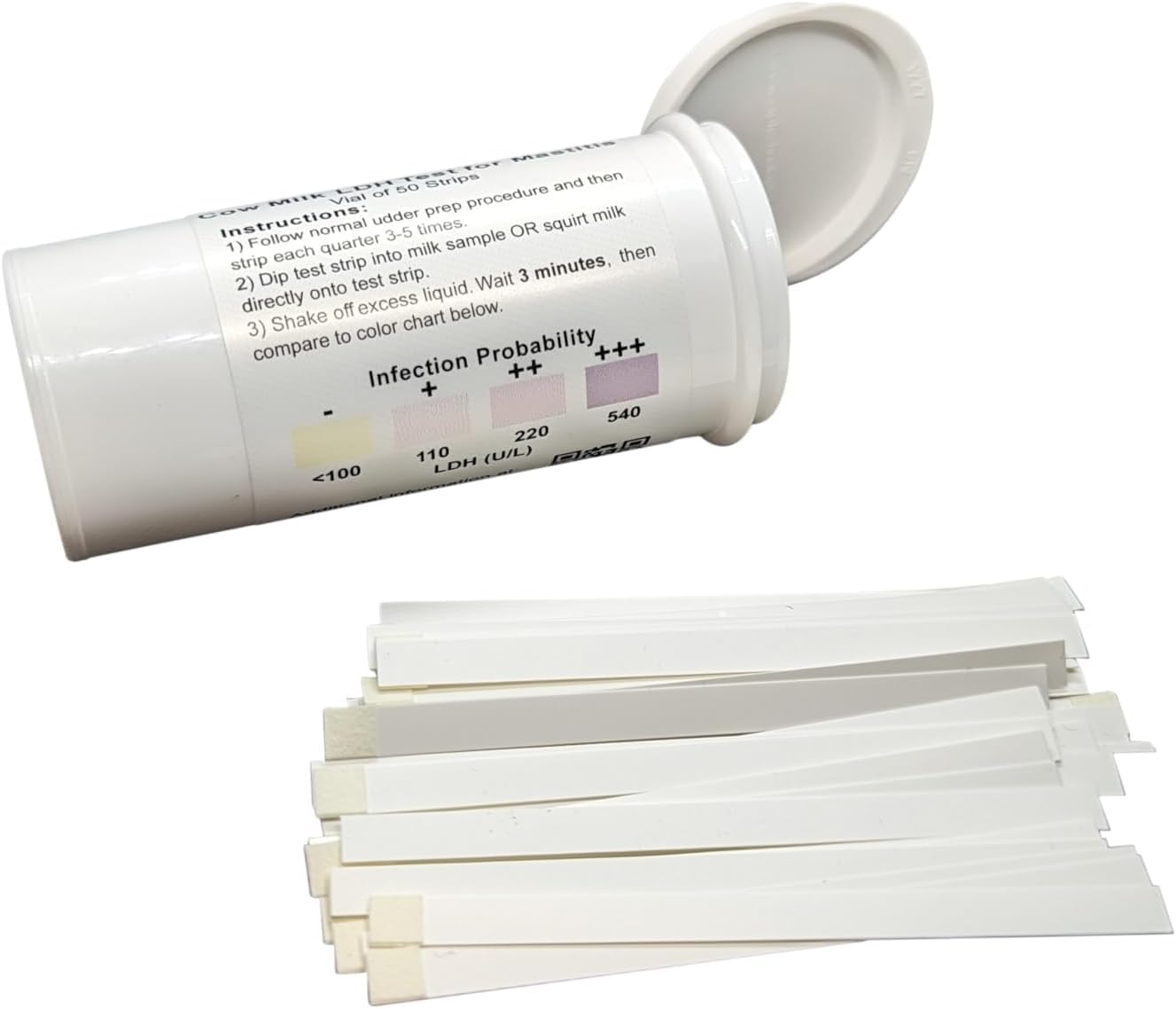 Bartovation LDH test strip close-up showing sensitive reaction for udder infection hints.