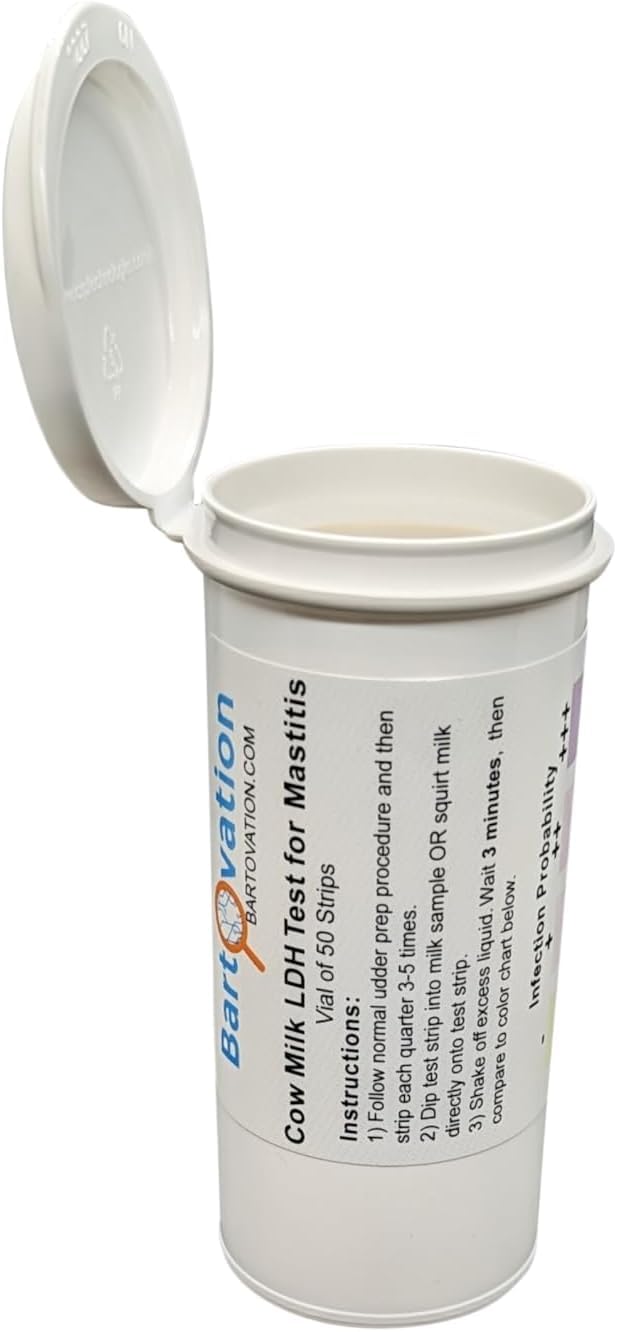 Bartovation vial with test strips open ready for on-farm milk testing.