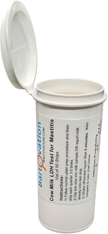 Bartovation vial with test strips open ready for on-farm milk testing.