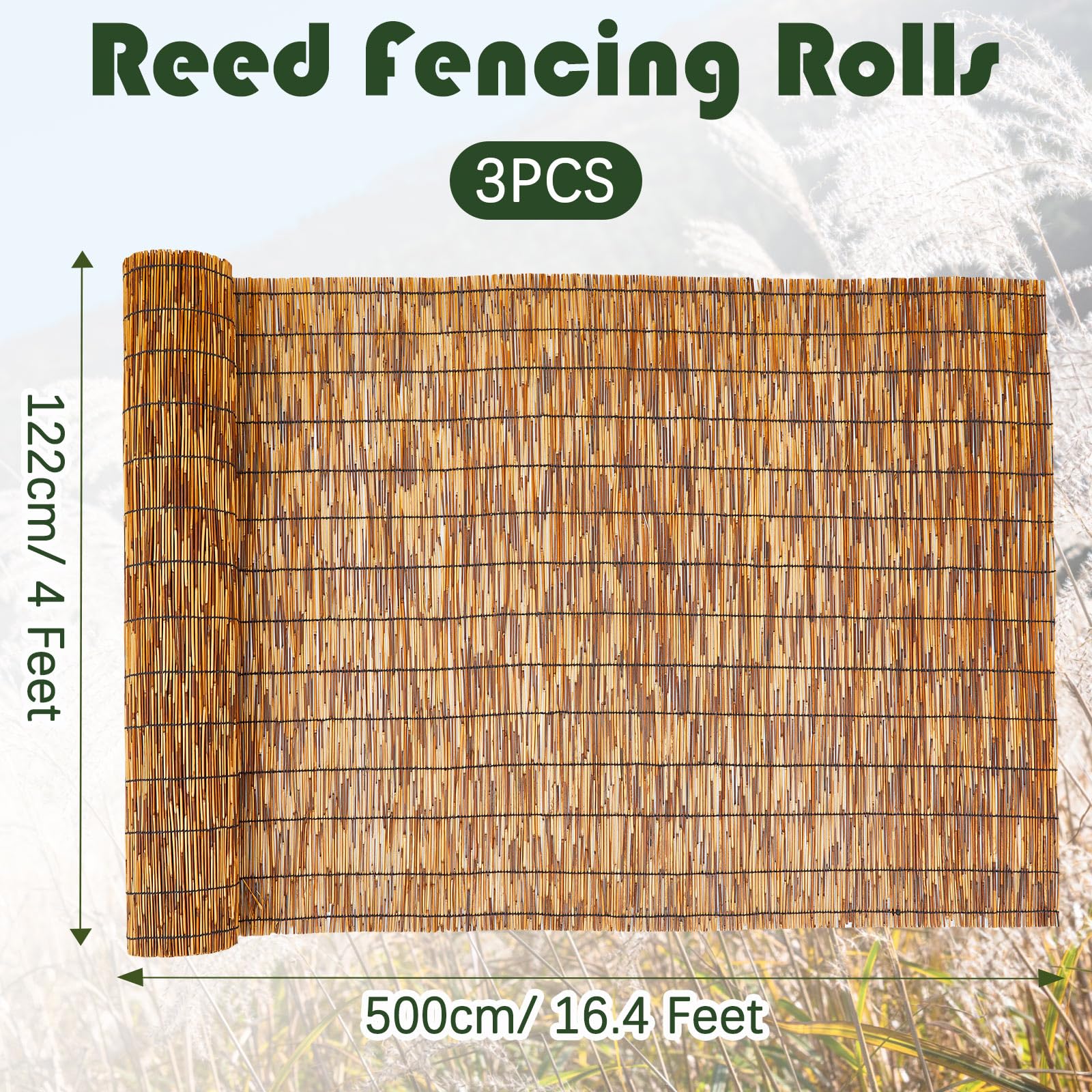 Barydat reed fence roller adds rustic decor to garden spaces.