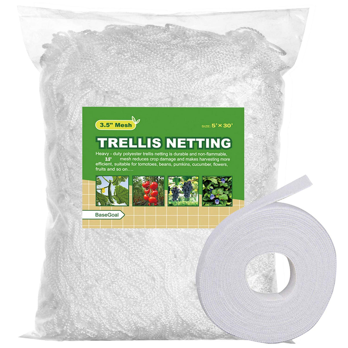 BaseGoal All-Weather Trellis Netting Mesh supports heavy crops in outdoor conditions.