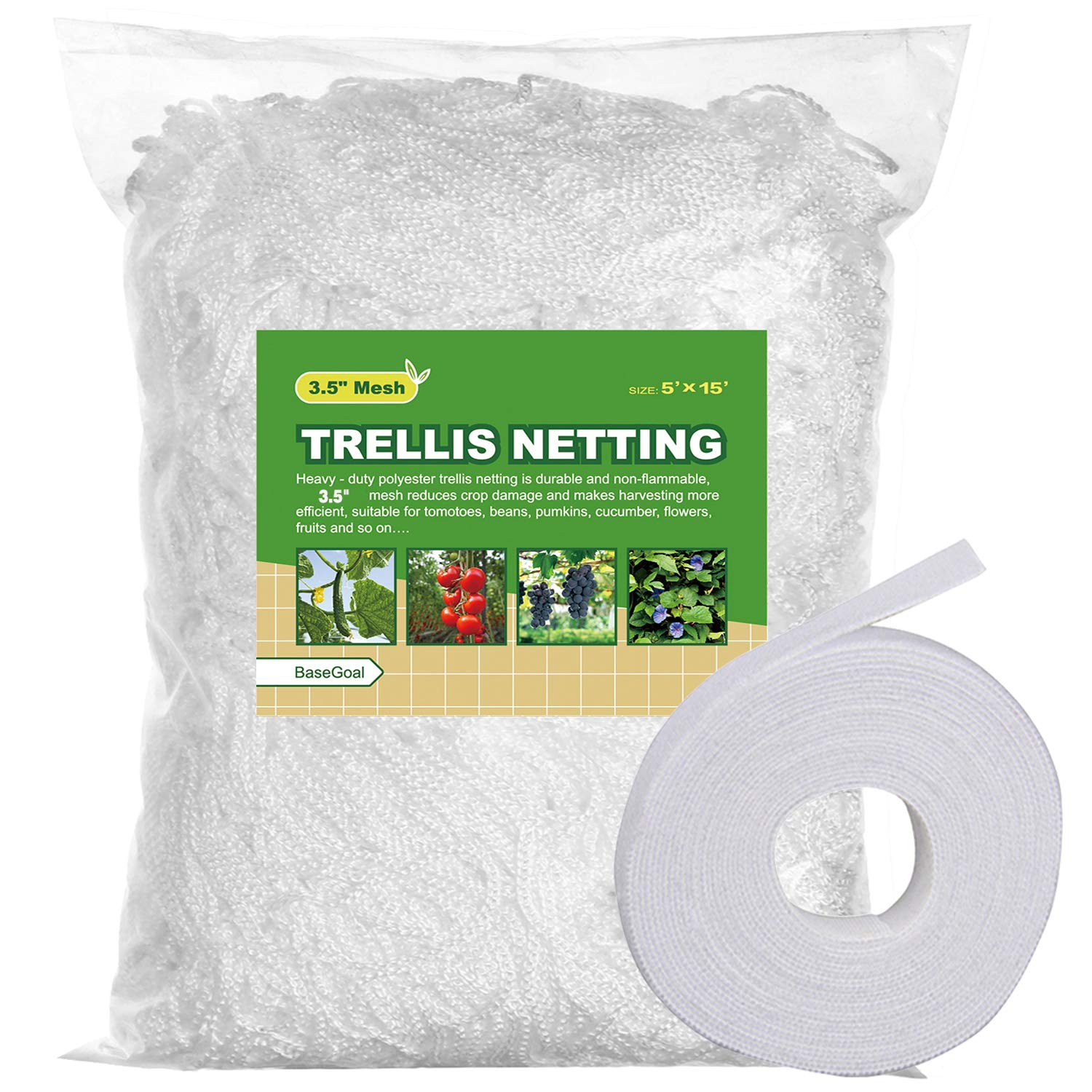 BaseGoal all-weather trellis netting unrolled for easy setup in the garden.