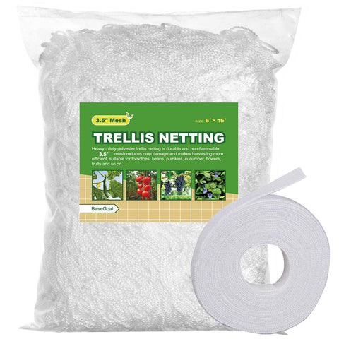 BaseGoal all-weather trellis netting unrolled for easy setup in the garden.
