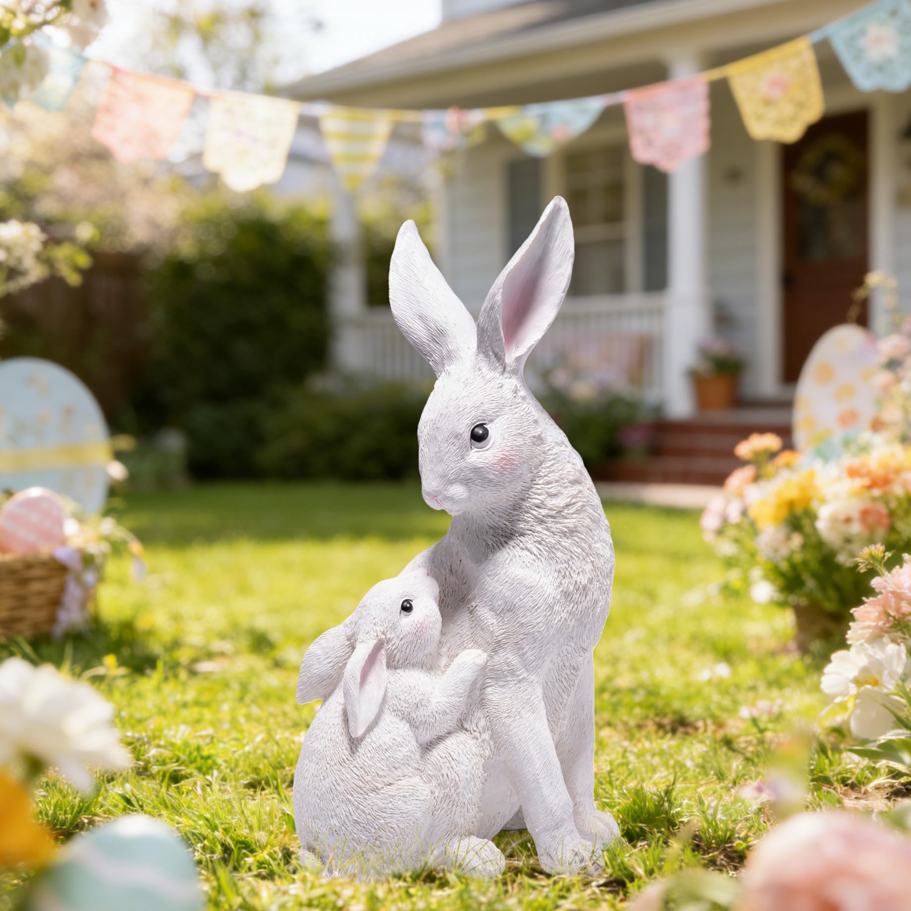 basen outdoor white bunny figurine with mother and baby, ideal for spring garden accents.