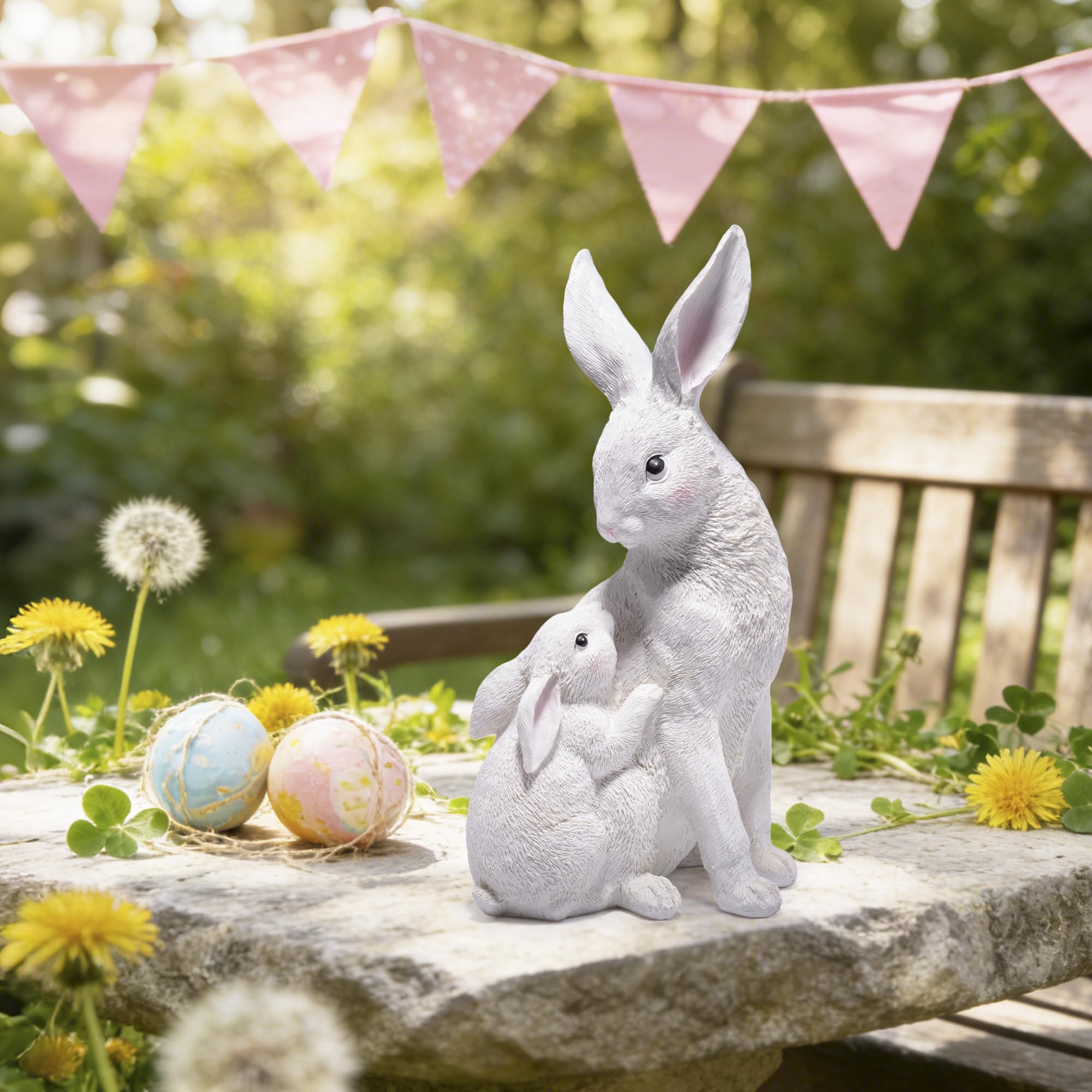 basen white Easter bunny decor blends with flowers for seasonal displays.