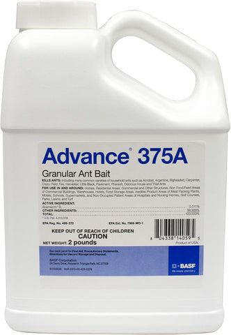 BASF Advance 375A granular ant bait bottle for indoor or outdoor use that targets multiple ant species.