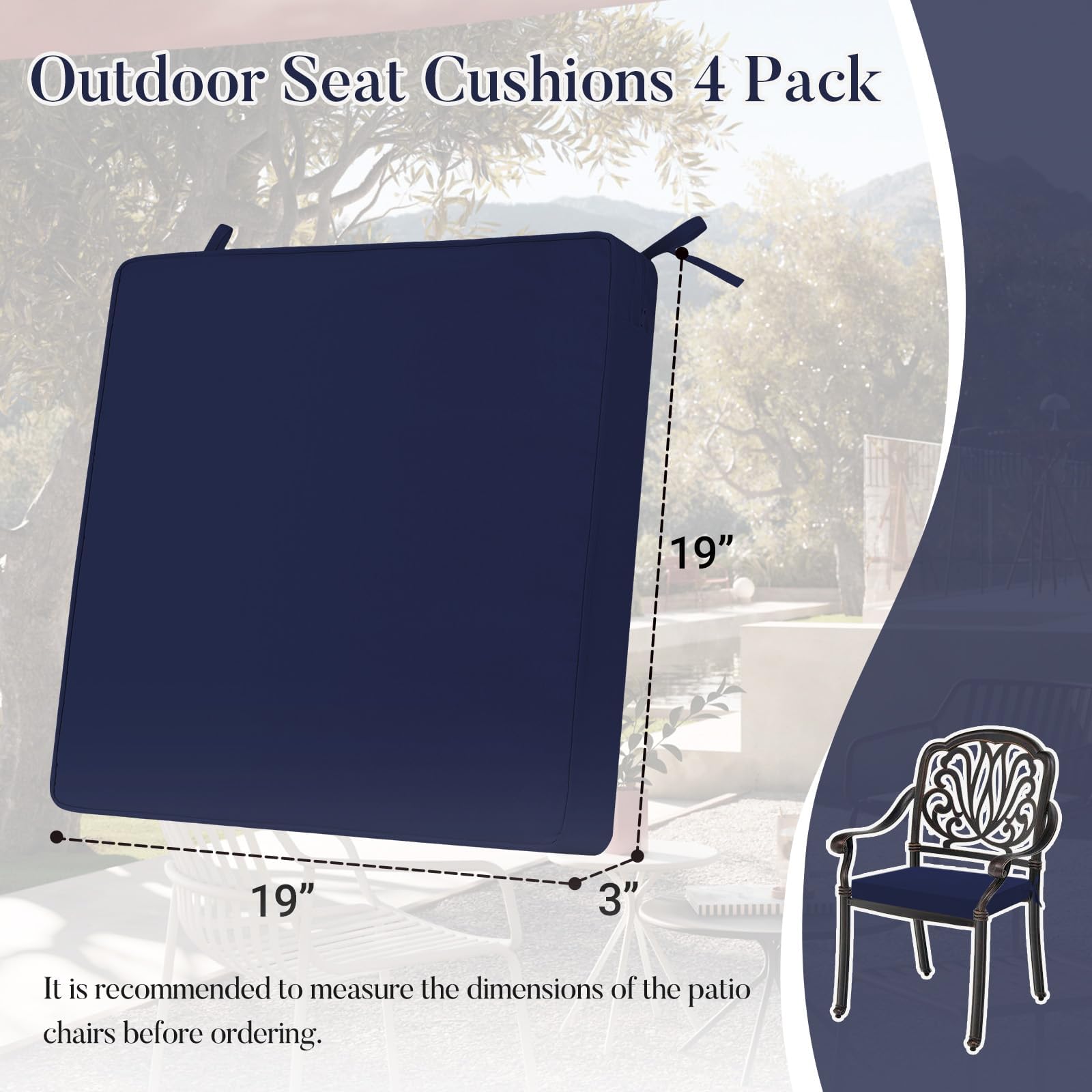 Basic Beyond cushions with rounded corners designed to fit select patio chairs.