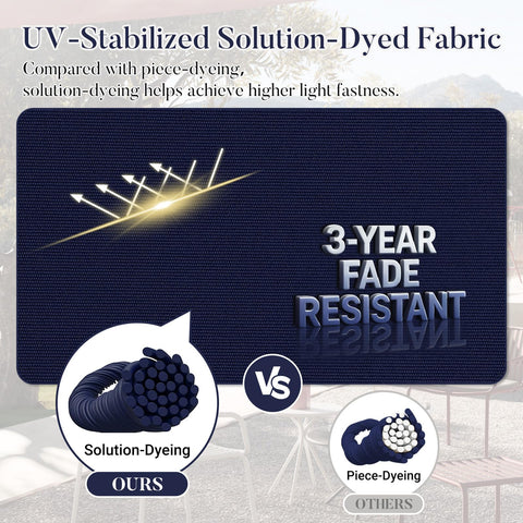 Close-up of Basic Beyond navy cushions showing detailed stitching and durable construction.