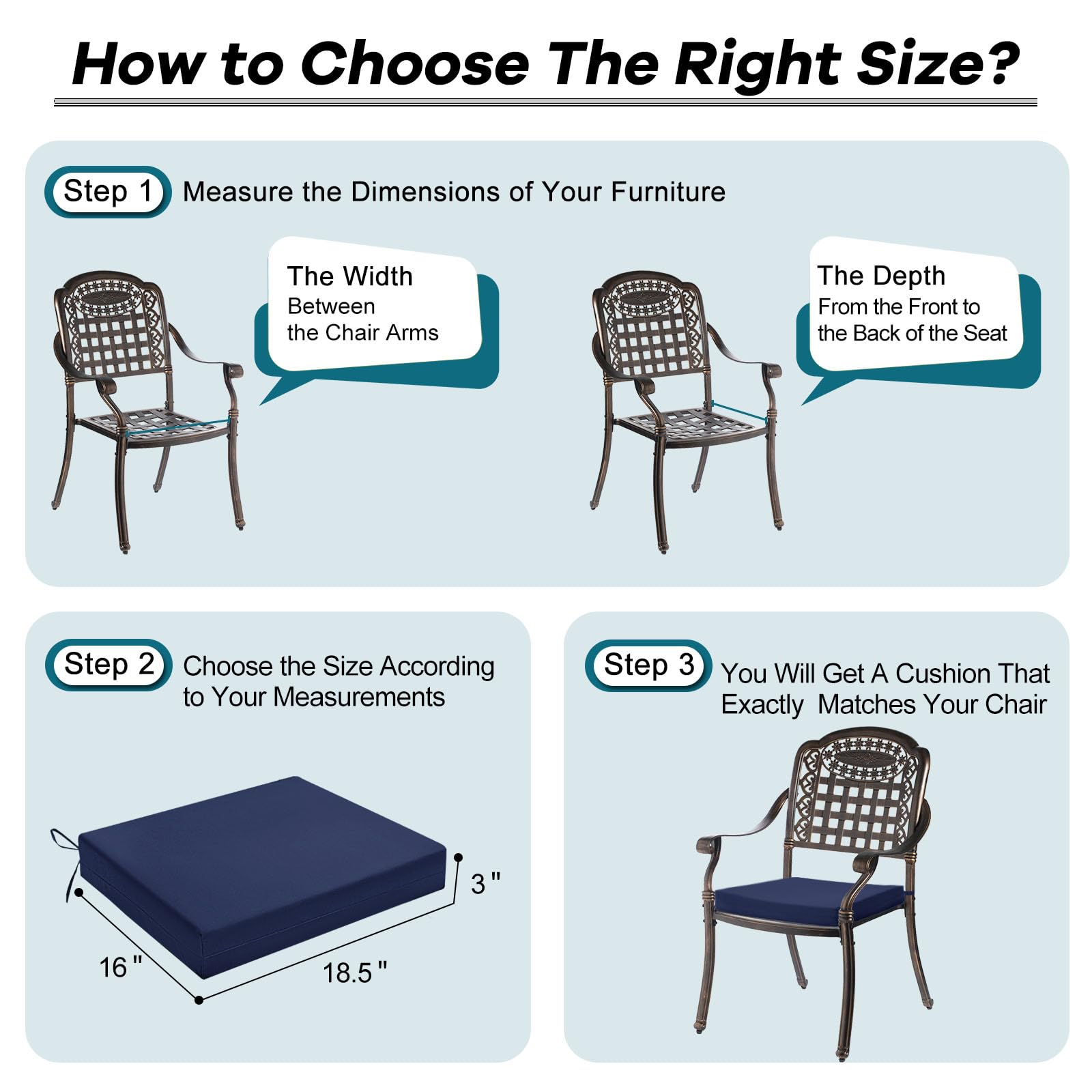 Basic Beyond chair cushions sized 18-5x16x3 inches fit many standard chairs.