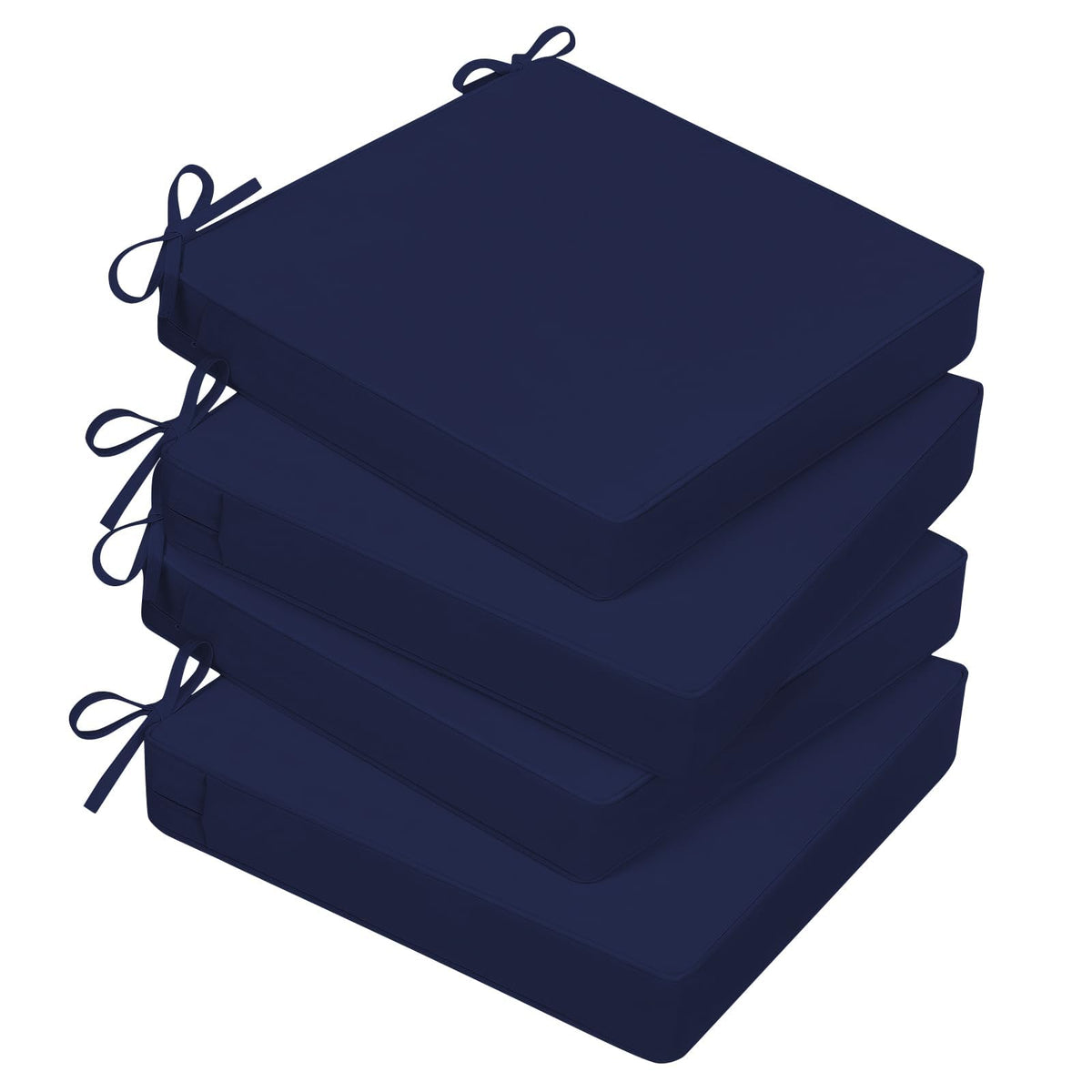 Basic Beyond navy outdoor chair cushions on chairs, front view, plush comfort for sunny patios.