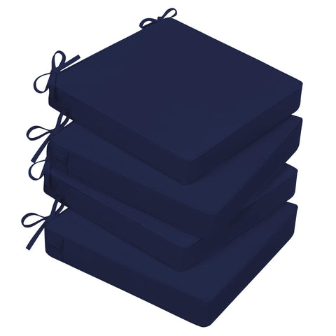 Basic Beyond navy outdoor chair cushions on chairs, front view, plush comfort for sunny patios.