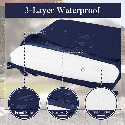 Navy Basic Beyond cushion back view highlighting waterproof overlay for weather resistance.