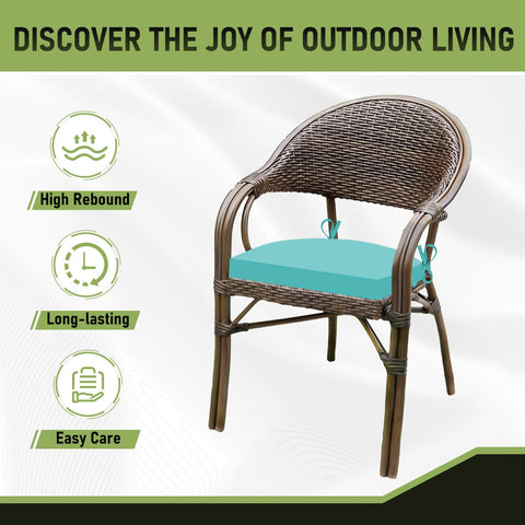 Basic Beyond teal cushions on patio furniture illustration of versatile indoor/outdoor use.