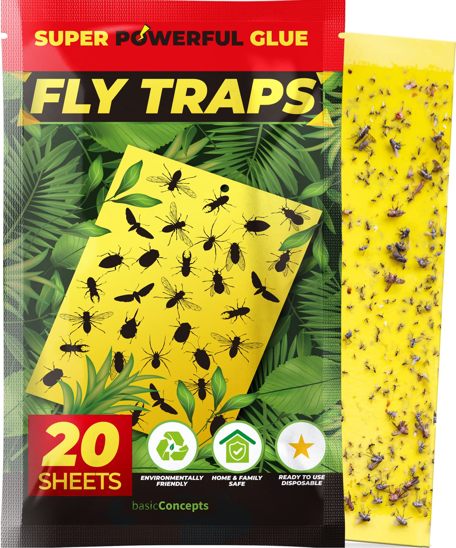 BASIC CONCEPTS Fruit Fly Trap, double-sided yellow trap shown for indoor-outdoor use.