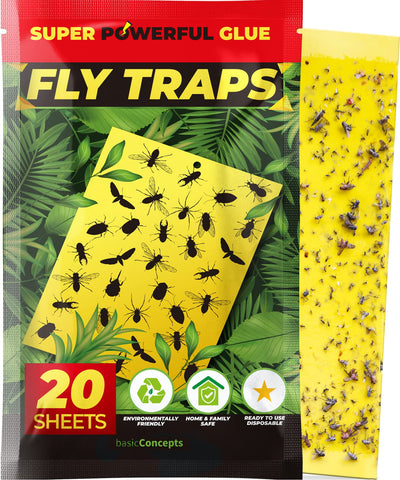 BASIC CONCEPTS Fruit Fly Trap, double-sided yellow trap shown for indoor-outdoor use.