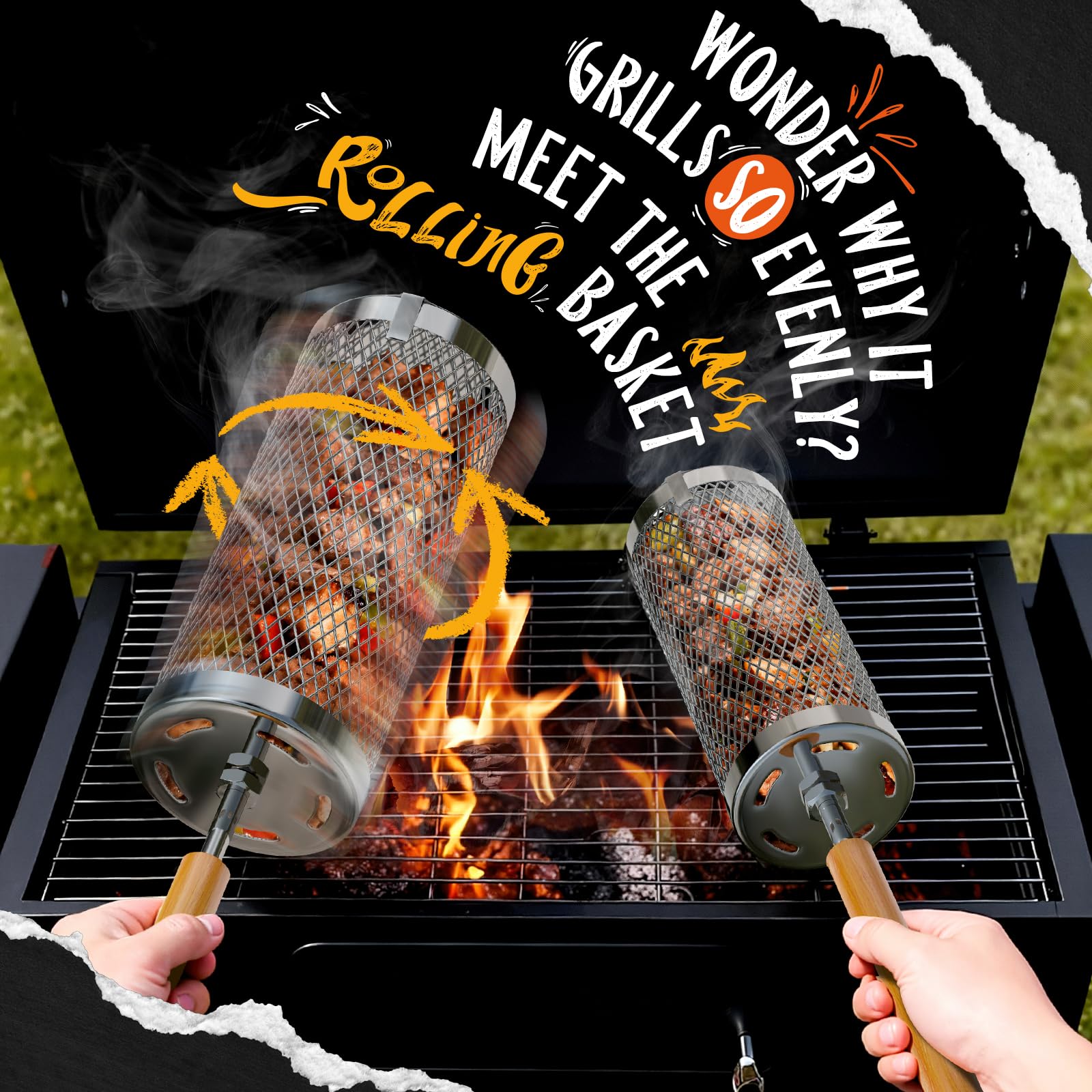 Basinel 304 stainless steel grill basket for rust-resistant grilling.