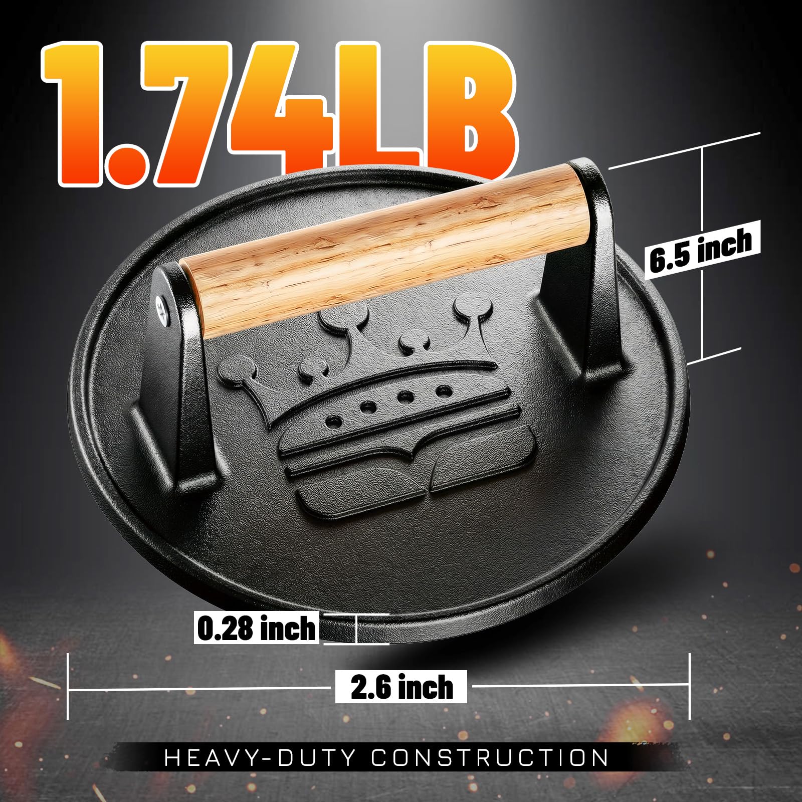 Basinel bacon-press flat-bottom ensures even contact and reduced curling during cooking.