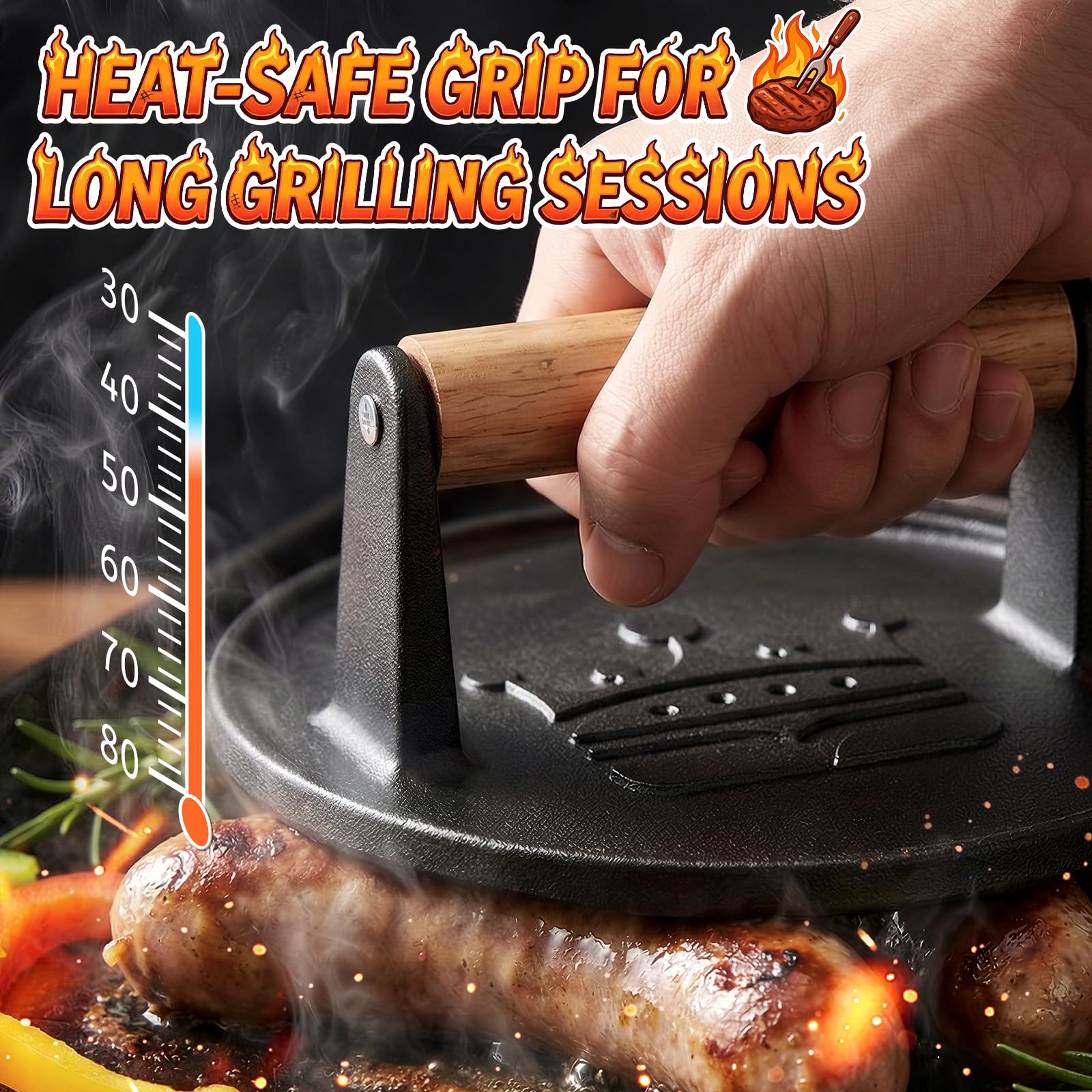Basinel indoor-outdoor smash tool compatible with griddles, skillets, and grills.