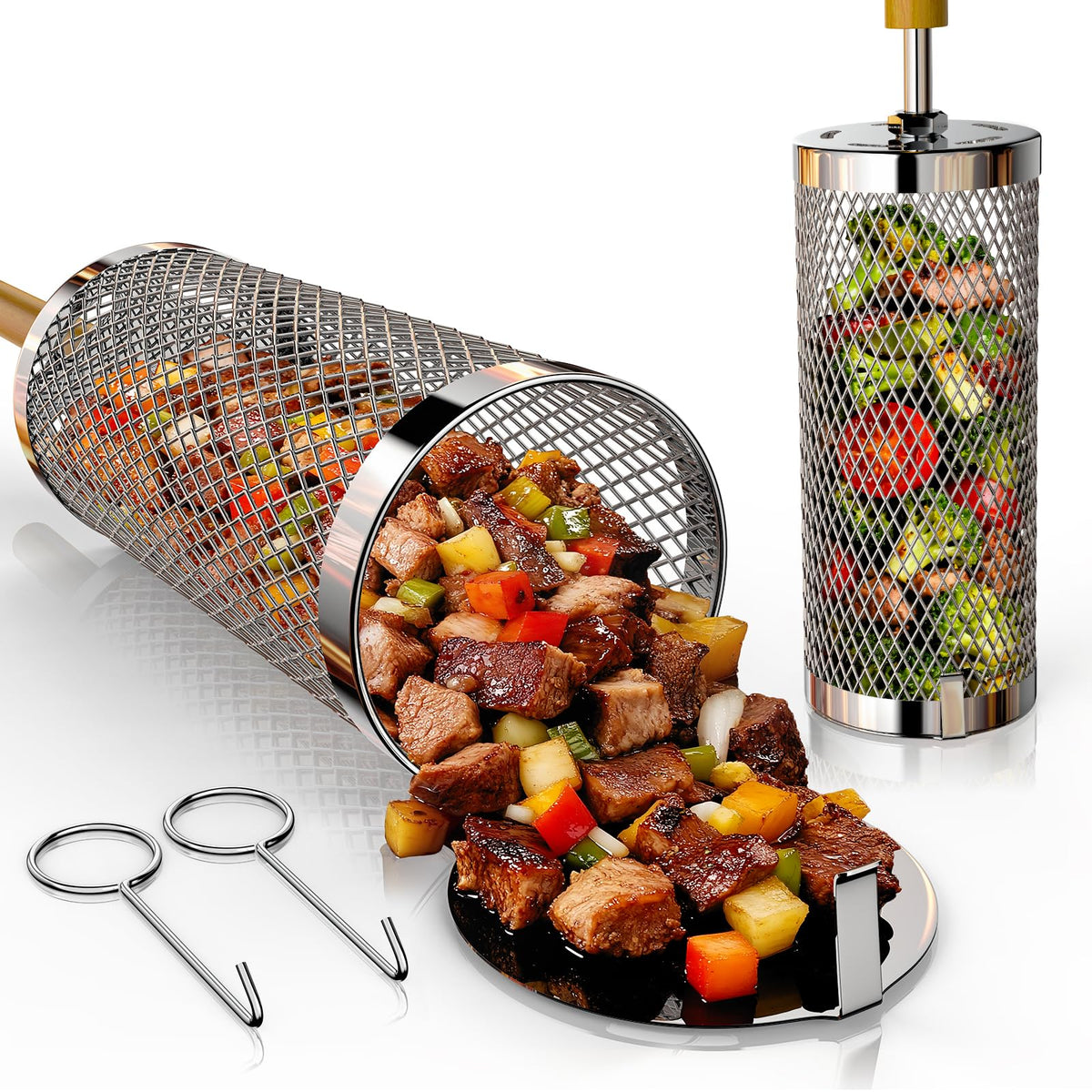 Basinel rolling grill basket 2-pack for versatile outdoor cooking and easy cleanup.