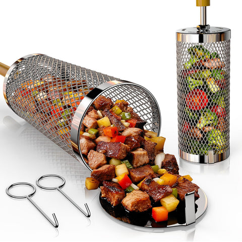 Basinel rolling grill basket 2-pack for versatile outdoor cooking and easy cleanup.