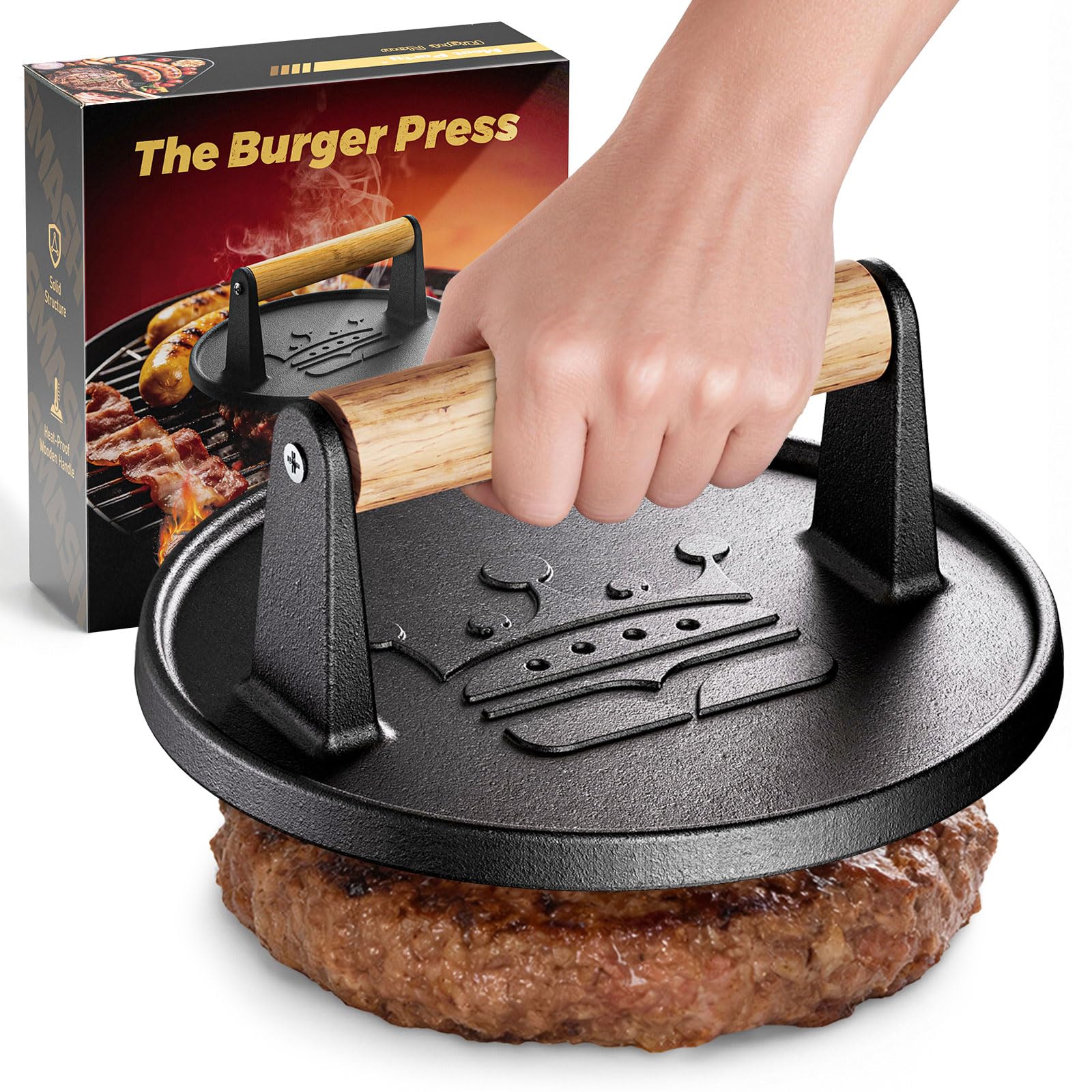 Basinel smash burger press 6.5-inch over skillet for restaurant-style crust and even sear.