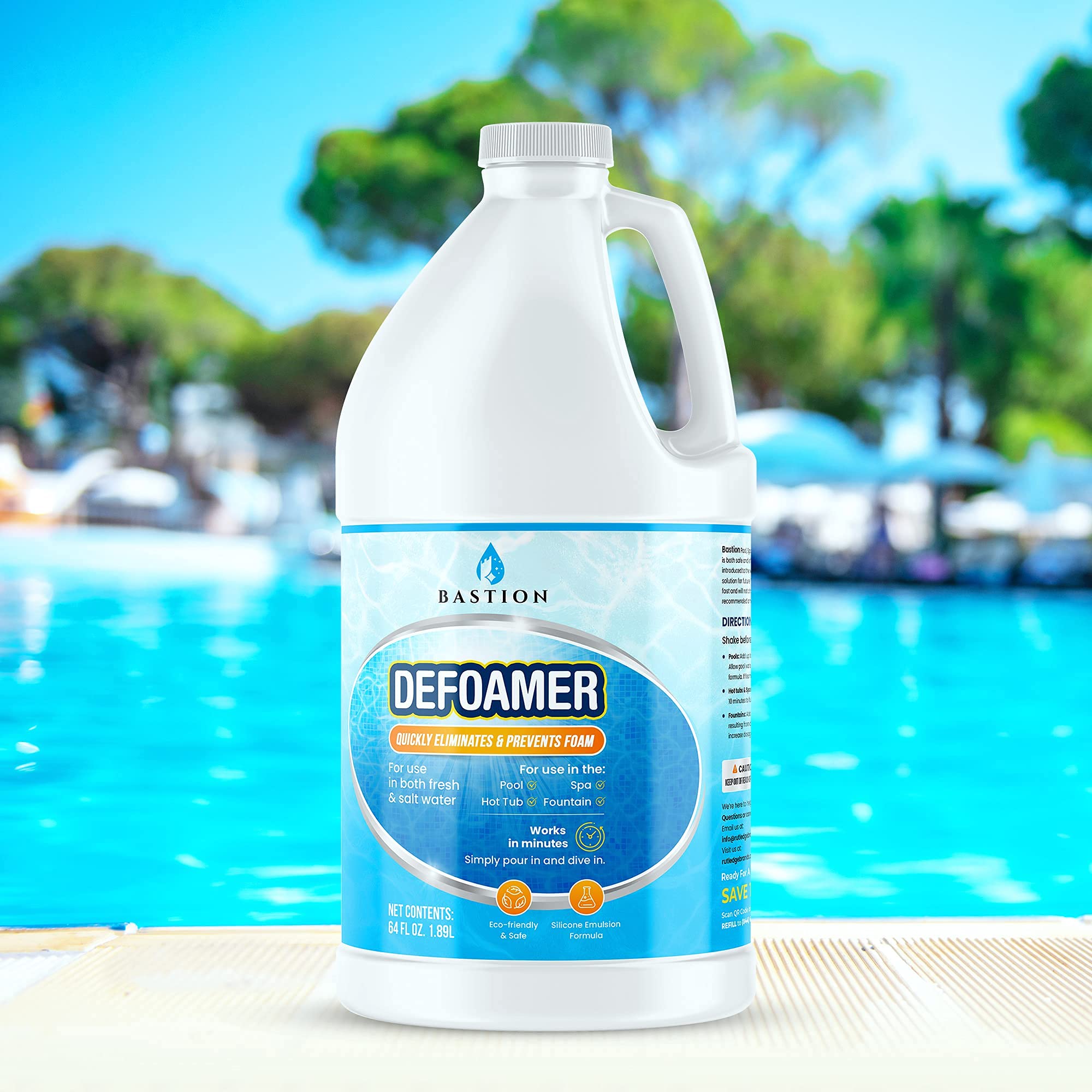Bastion Defoamer prevents foam in pools, delivering clear water for relaxing swims.