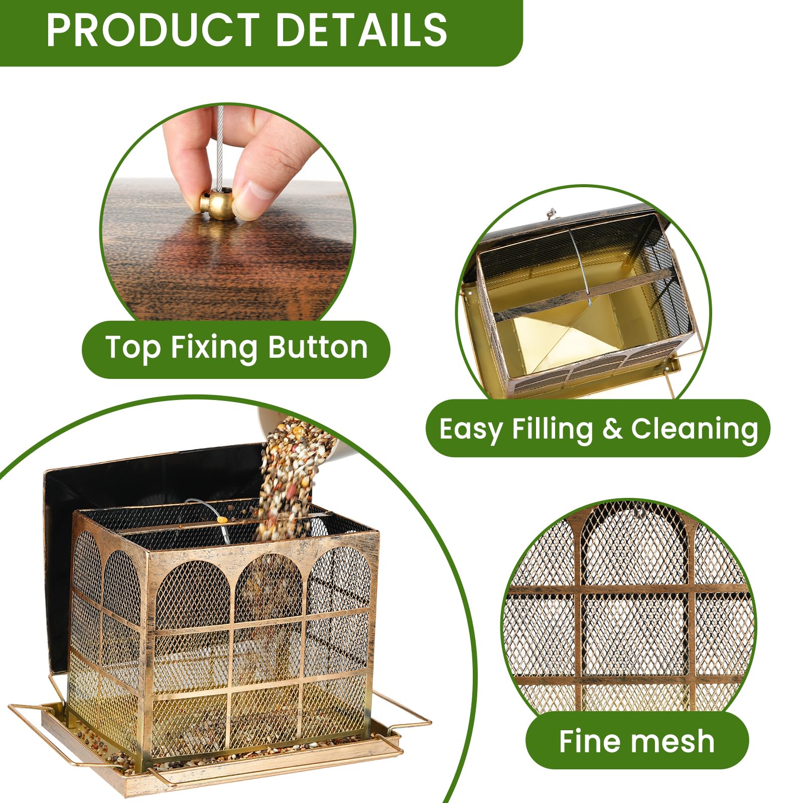 Basysnck top cover shields seeds from rain for drier feeding.