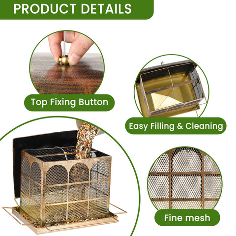 Basysnck top cover shields seeds from rain for drier feeding.