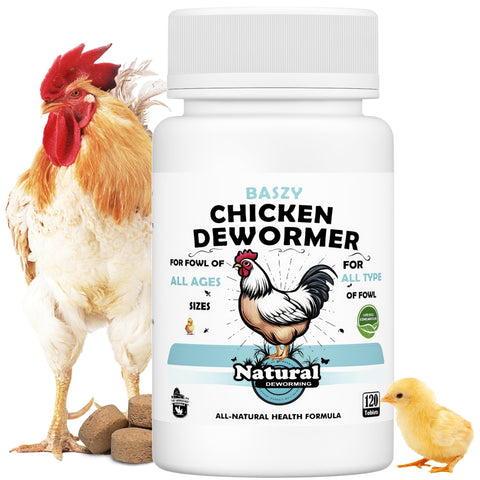 Baszy chicken dewormer bottle 120 tablets; supports a healthy flock with natural ingredients.