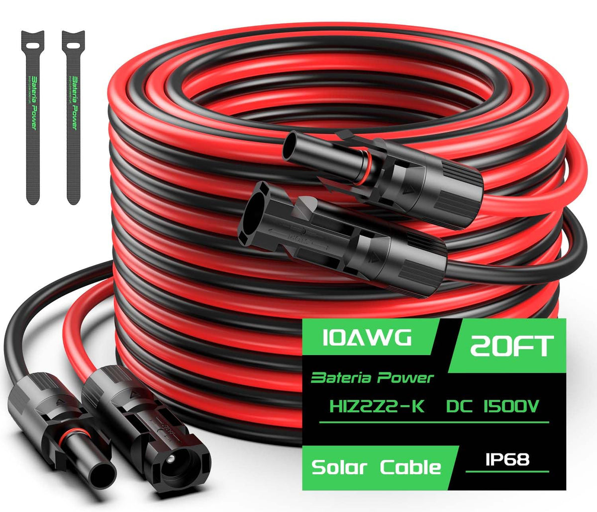 Bateria Power 20ft solar cable set for outdoor PV connections.