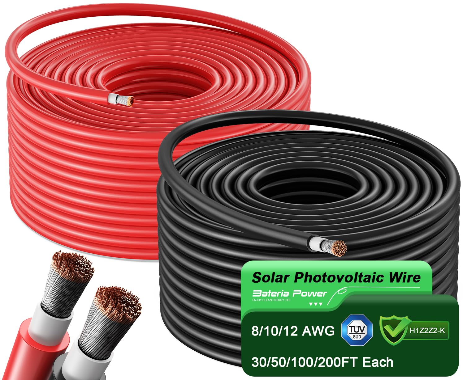Bateria Power 50ft black solar wire for clear polarity and durable outdoor use.