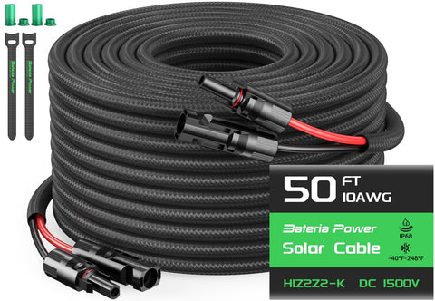 Bateria Power 50ft black solar cable with IP68 connectors for outdoor RV use