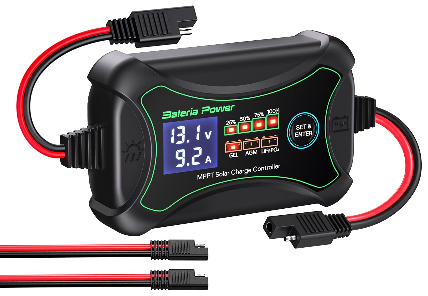 SunRock 10 front view showing compact MPPT controller for portable solar setups