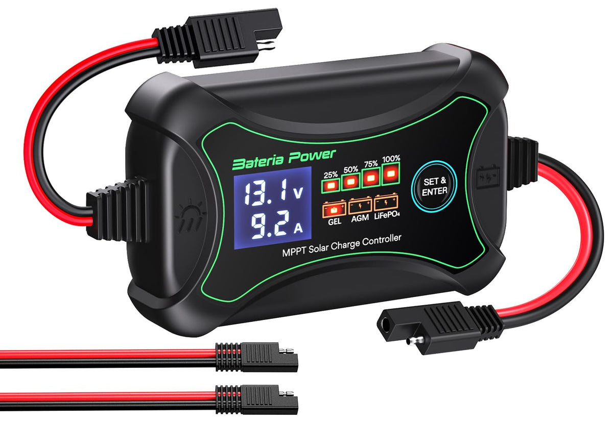 SunRock 10 front view showing compact MPPT controller for portable solar setups