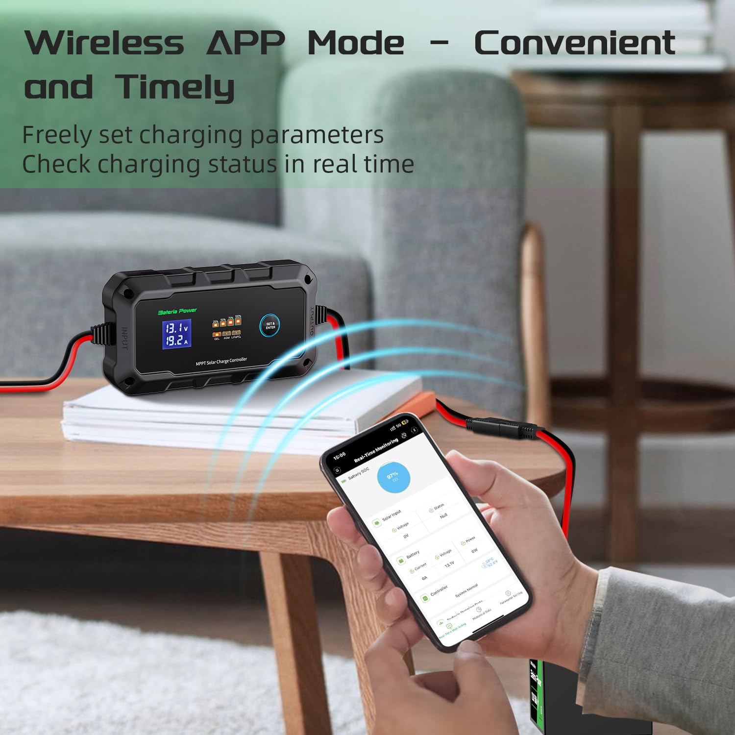 Bateria Power Sunrock 20Pro MPPT controller app control highlighting remote monitoring capability