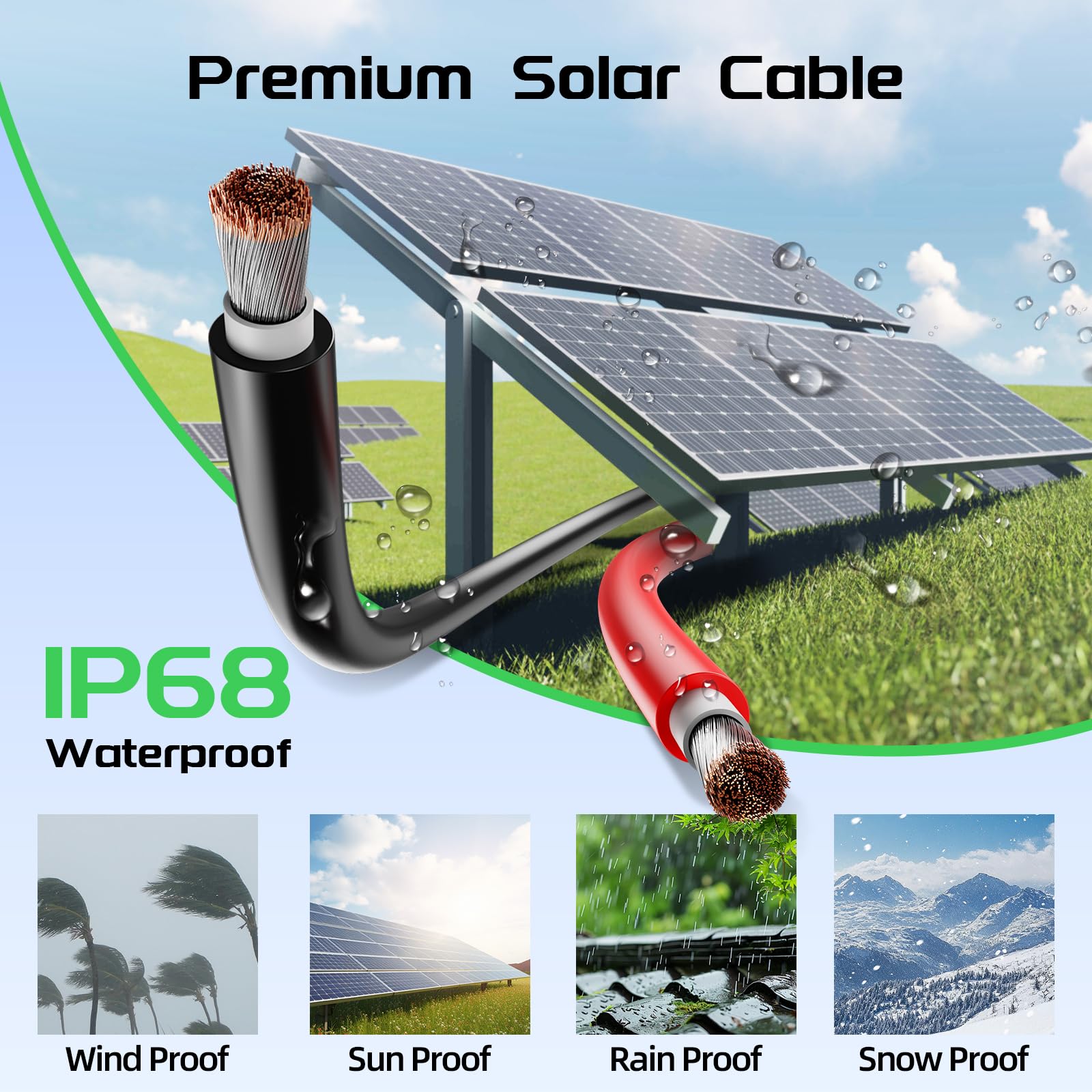 Bateria Power UV-resistant, IP68-rated cable ready for rain, sun, and rugged outdoor settings.