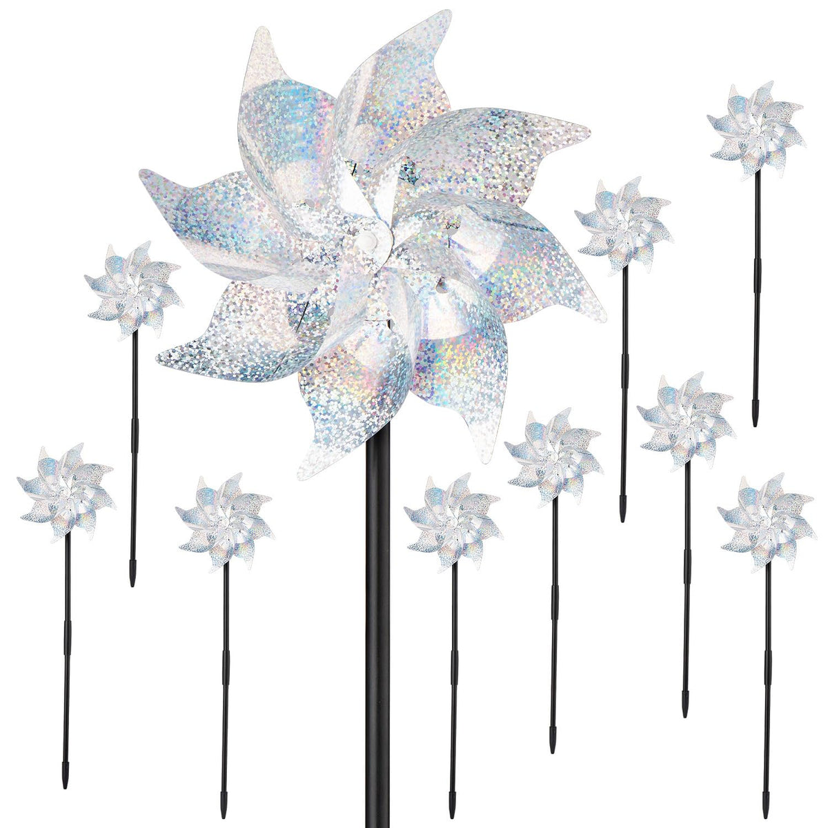 BATTIFE reflective pinwheels with stakes sparkle in sun to deter birds.