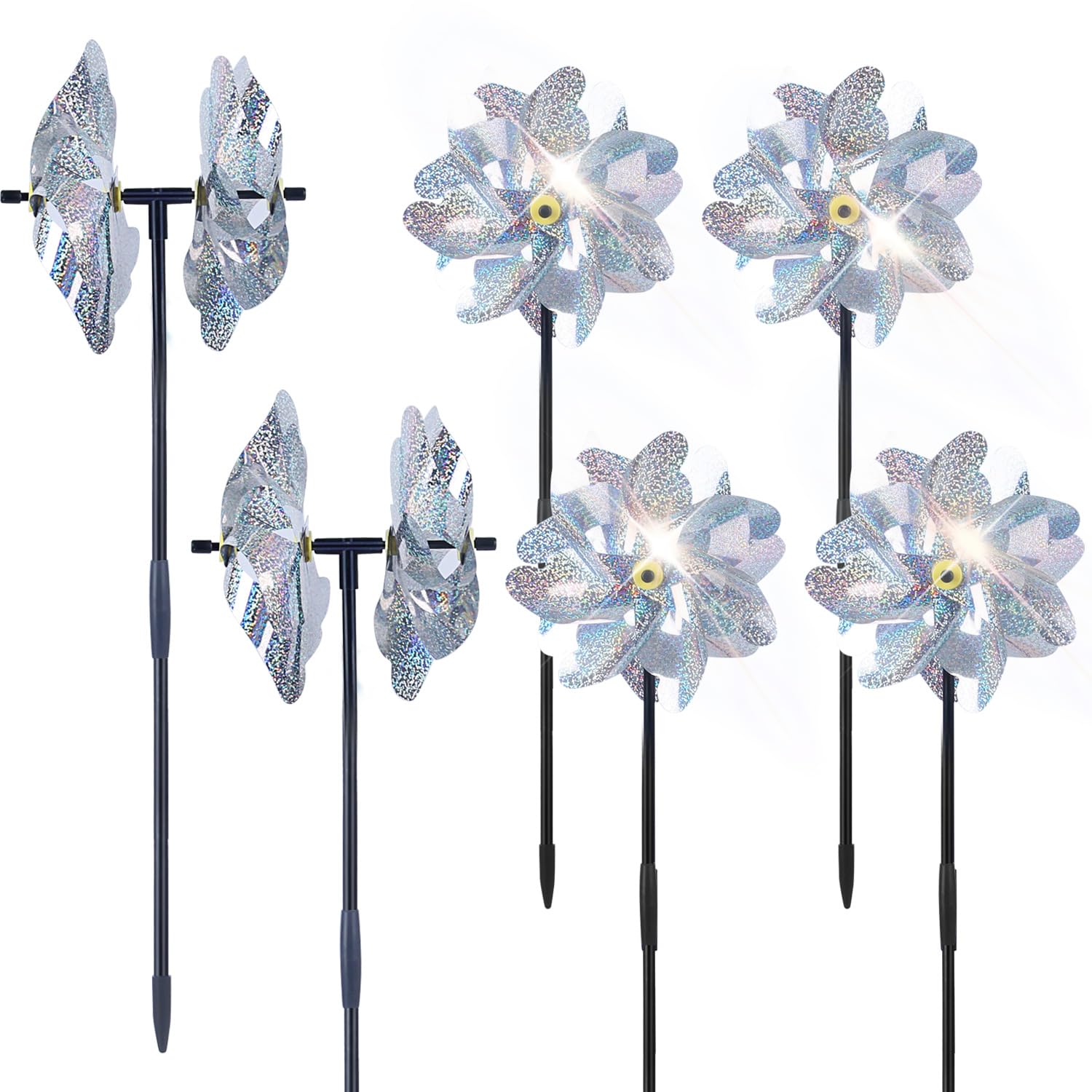 BATTIFE Reflective pinwheels with preassembled blades spark garden interest and deter birds in your yard.