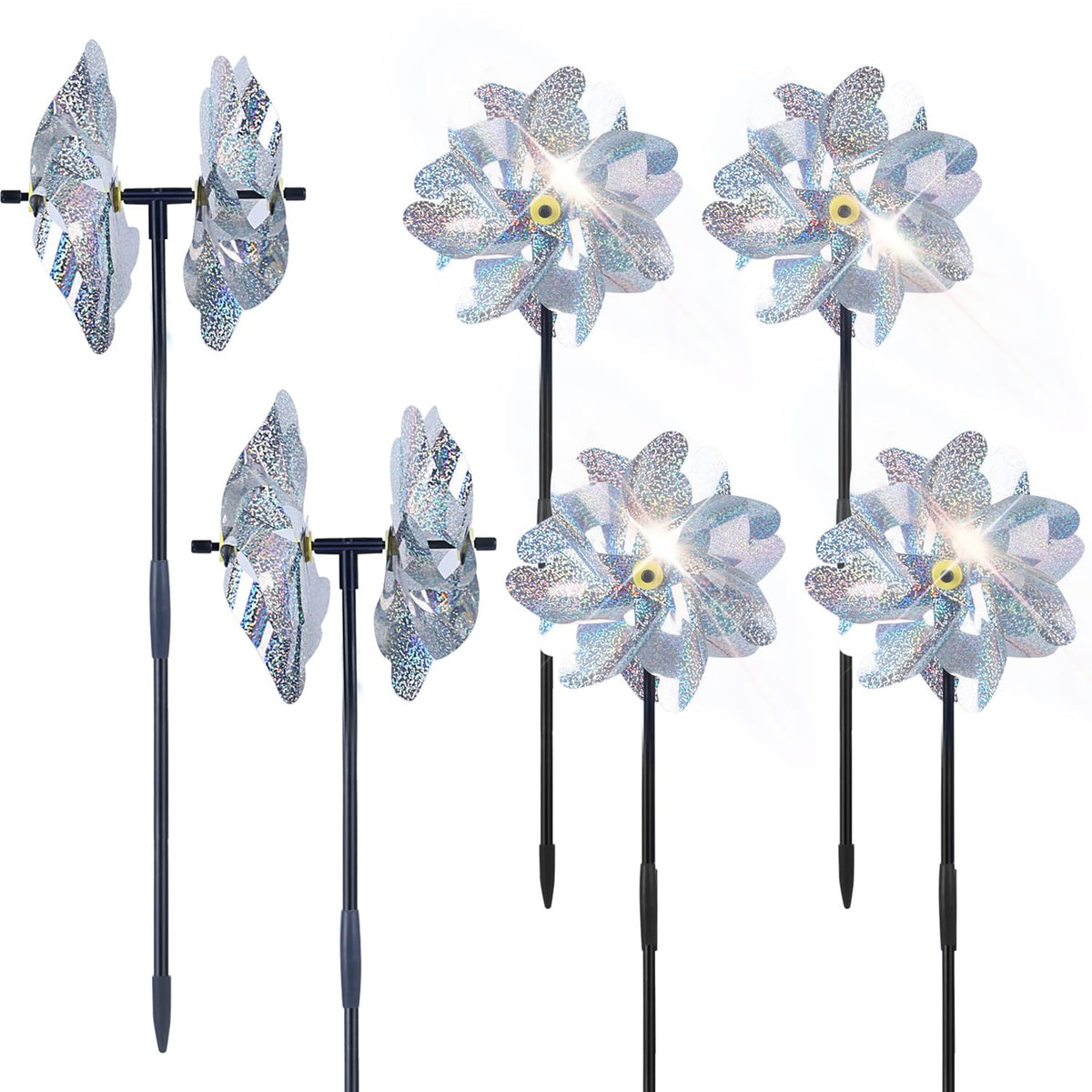 BATTIFE Reflective pinwheels with preassembled blades spark garden interest and deter birds in your yard.